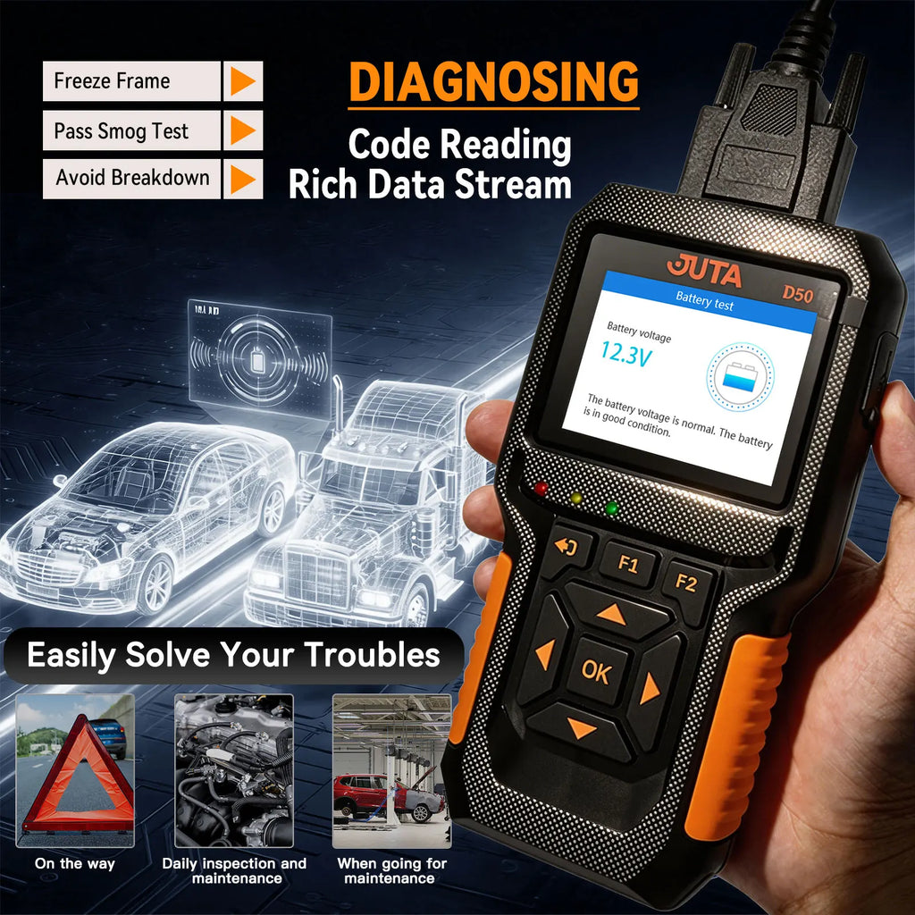 D50 OBD2 Scanner Car and Truck Code Reader Heavy Duty HD Diesel Diagnostic Scan Tool 2 in 1 Auto Clear Check Engine Fault Light