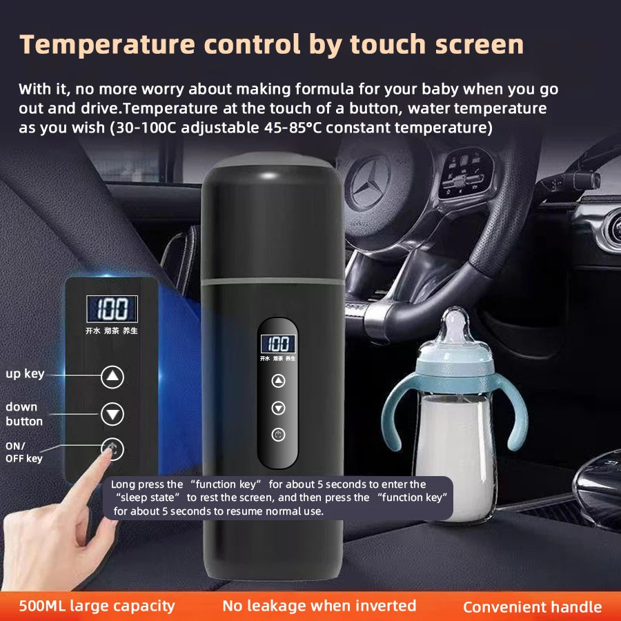 Electric Kettle 12V24V Portable Car Heating Cup 500ml Travel Heating Touch Screen Intelligent Adjustable Temperature Thermal Cup CM World