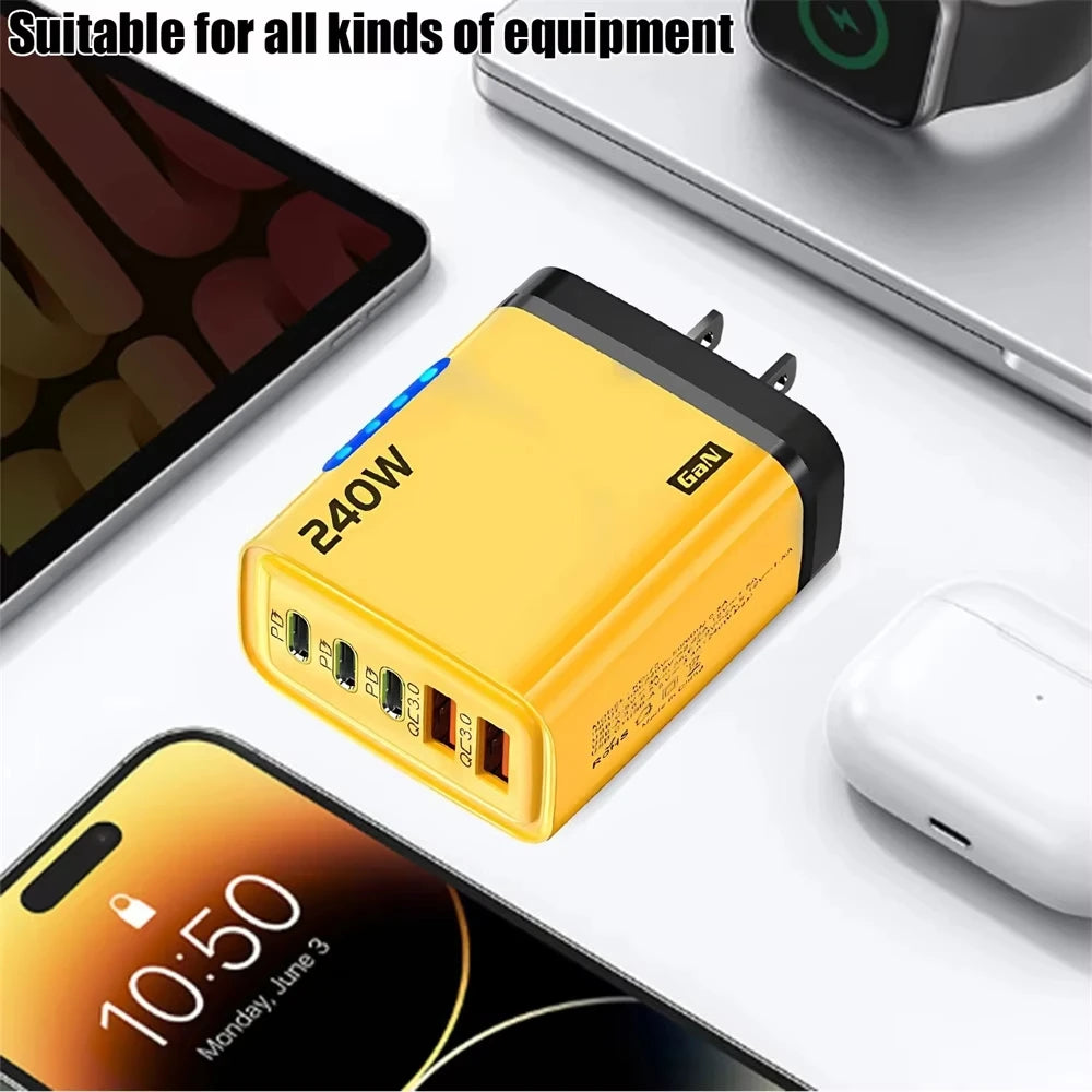 5 in 1 240W GaN Fast Charger With LED Light 2USB+3Type-C Multi Port Phone Charger for iPhone 16 15 pro Samsung Huawei Xiaomi 15 Car Mobile World