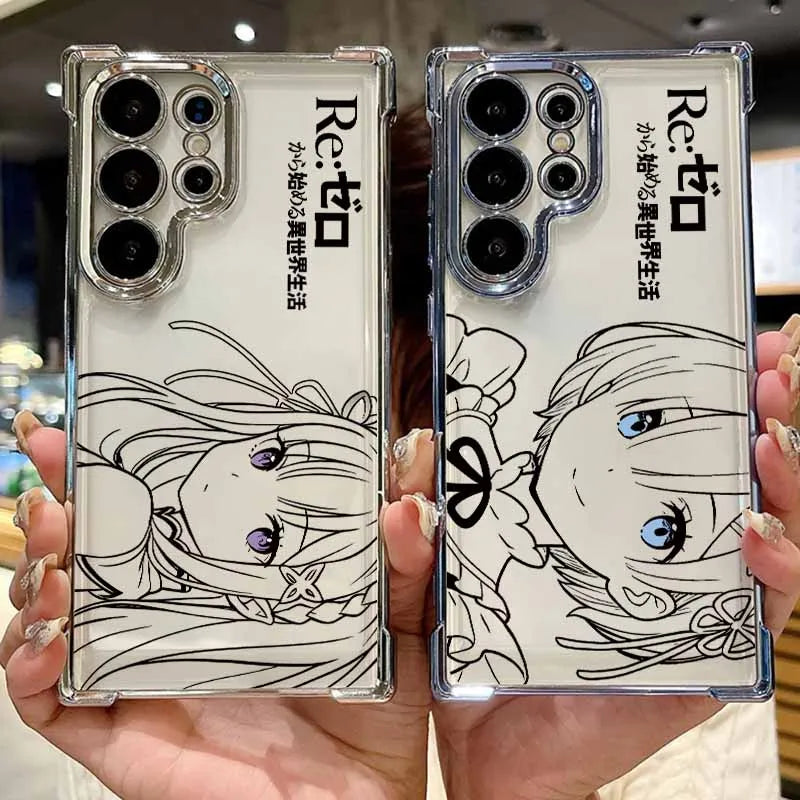 Anime Cute Rem Emilia For Samsung S26 S25 Edge S24 S23 S22 S21 S20 FE Ultra Plus Lite Plating Anti-Fall Phone Case