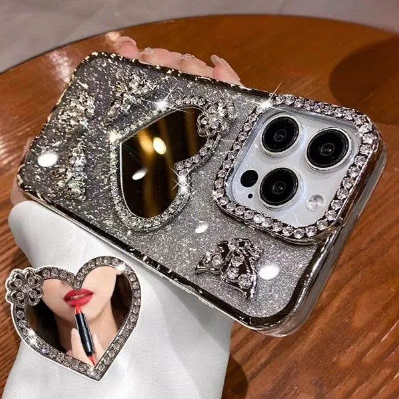Heart Make up Mirror Case For iPhone 16 Pro Max 15 Plus Plating Butterfly Cover For iPhone 14 Pro 13 12 17 Glitter Diamond Case