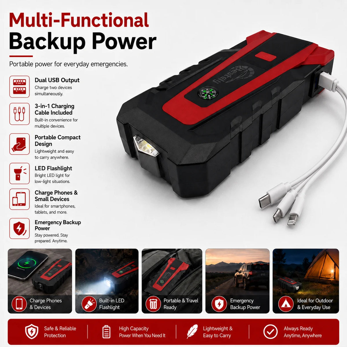 New 12V 3000A Car Battery Jump Starter Portable Charger Car Booster Auto Starting Device Emergency Starter Fast Charging