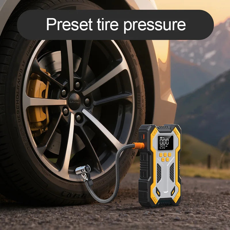 10000mAh 12V Multi-Function Car Jump Starter, Air Compressor & Wireless Power Bank Smart Clamps Gas & Diesel Cars
