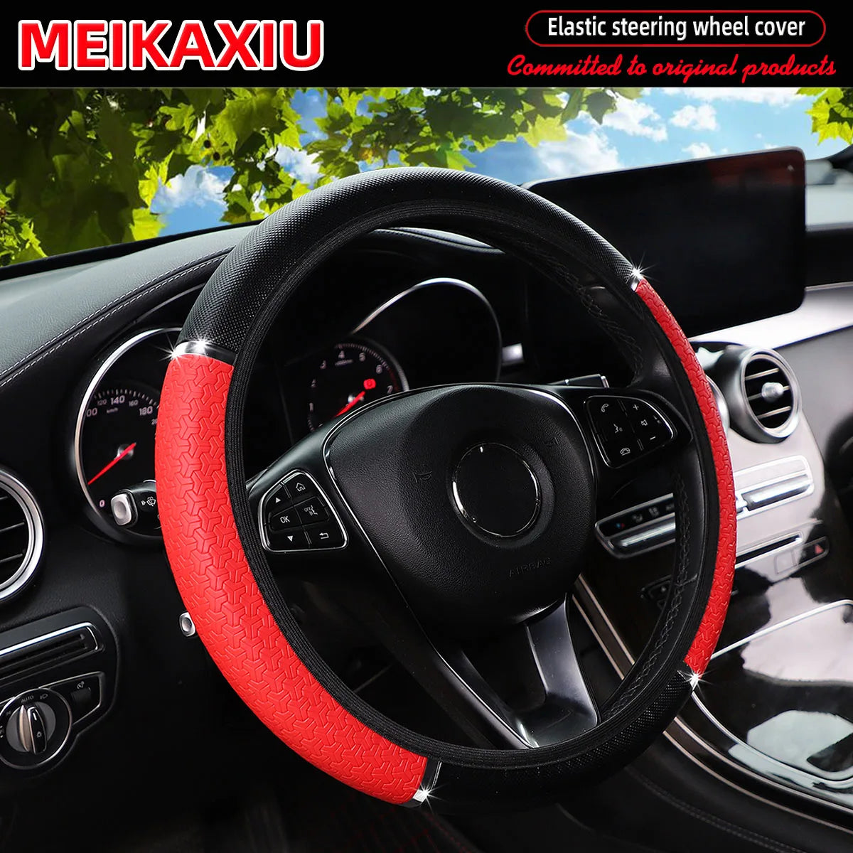 PU Leather Snowflake Steering Wheel Cover with Metal Strip 14.5-15 Inch Car Interior Accessory Rimless