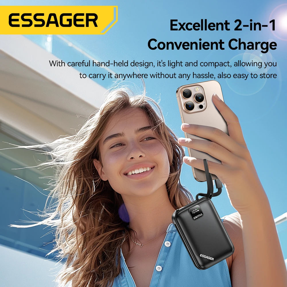 Essager Power Bank 20000mAh PD 65W Fast Charging Digital Display Portable PowerBank With 2 Cables for iPhone 16 Laptop MacBook