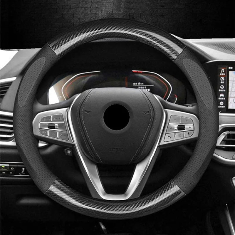 D Type Leather Universal Car Steering Wheel Cover Breathable Anti Slip Car Decoration 37-38cm Steering Wheel Cover Accessories CM World