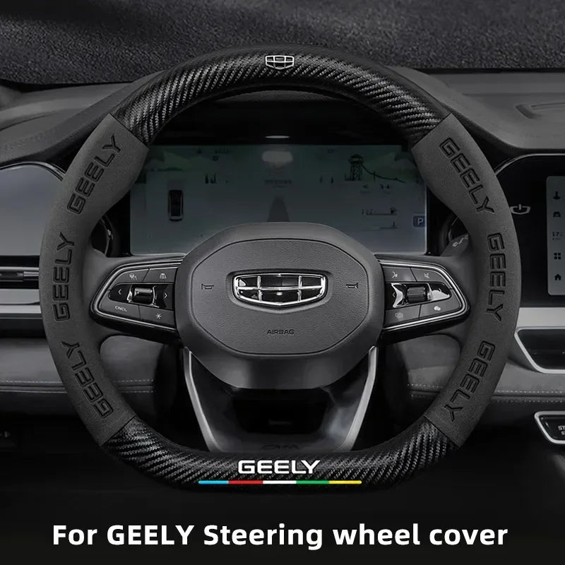 For Geely Geometry C Monjaro Coolray Tugella GX3 Atlas Emgrand EC7 GC6 GC9 CK EC8 Carbon Fiber Suede Car Steering Wheel Cover CM World