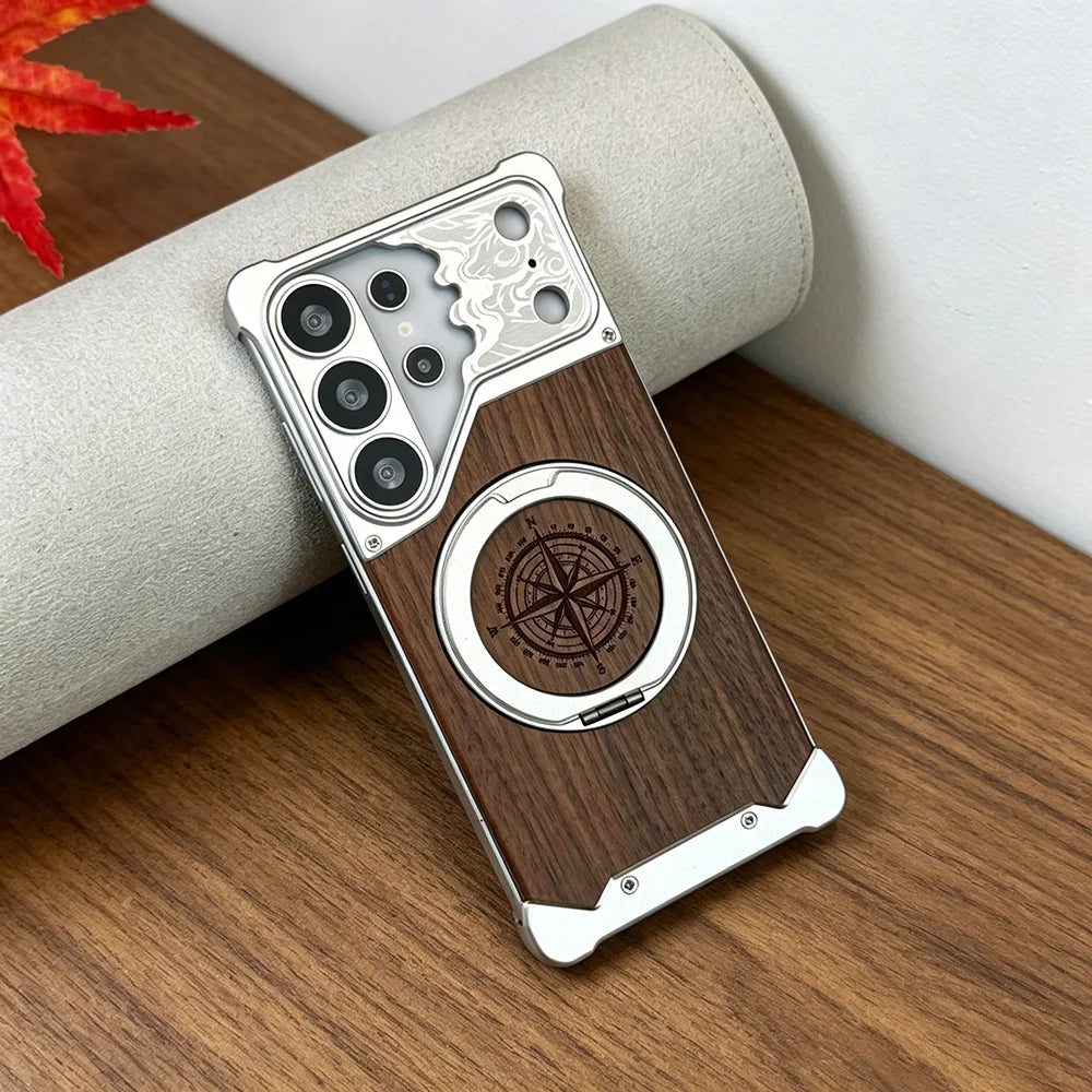 Aluminum Metal Frame Wood Back Case For Samsung Galaxy S26 Ultra S25 S24 S23 S22 Ultra 360° Magnetic Holder Wireless Charging