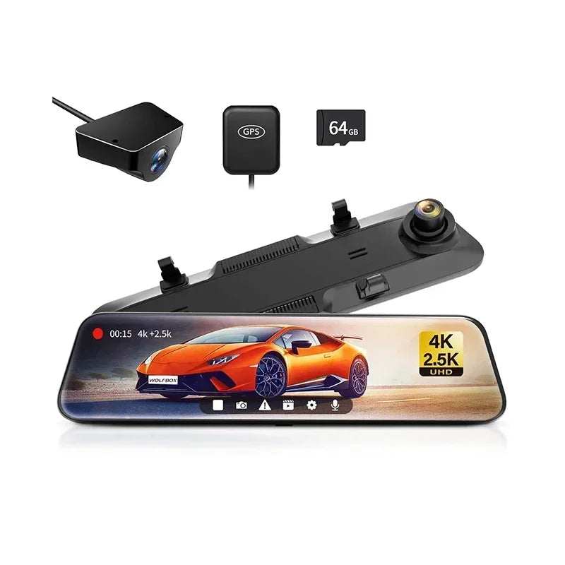WOLFBOX G900 4K+2.5K Rearview Dash Cam 12" IPS Screen WDR 170 FOV Rear Cam Gps Mirror Car Recorder Stream Media Car DVR Car Mobile World