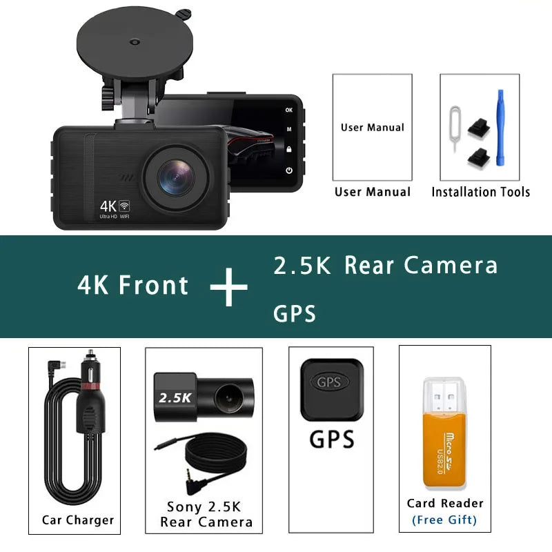 4K 2160P Ultra HD Dash Cam Night Vision With Back 2.5K 1440P Rear Car Video Camera WiFi GPS Logger G-Sensor Loop Recording
