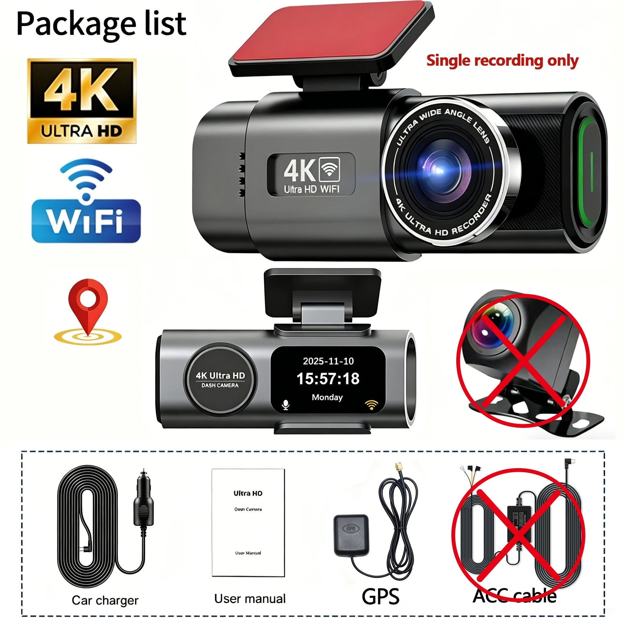 4K UHD Recording Dash Cam Video Recorder Car Camera DVR Night Vision Wi-Fi GPS 24H Parking Mini Front Rear Black Box Monitor Car Mobile World