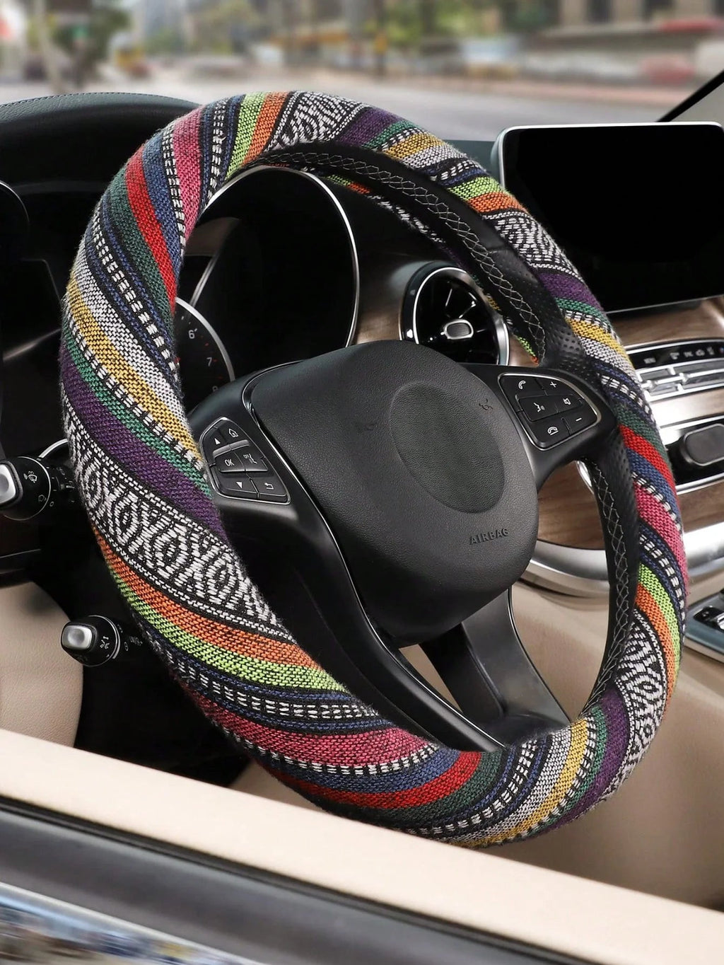 1Pc Bohemian Ethnic Car Steering Wheel Cover, 38cm Universal Fit, Colorful Linen-Like Polyester, No Inner Ring, Easy Install, No CM World