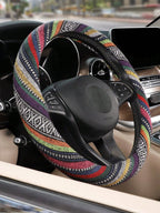 1Pc Bohemian Ethnic Car Steering Wheel Cover, 38cm Universal Fit, Colorful Linen-Like Polyester, No Inner Ring, Easy Install, No CM World