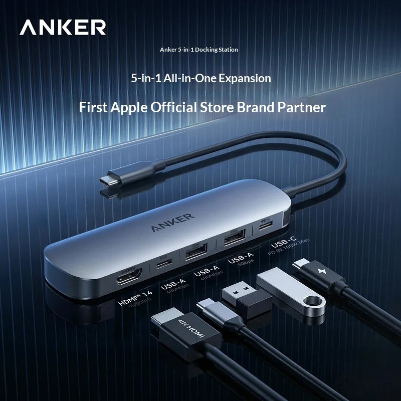 Anker USB-C 5-in-1 Multiport Hub Power Delivery Extension Adapter Multi Interface Docking Station for Laptop PC USB Flash Drive