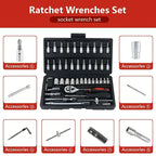 46Pcs 1/4 Inch Metric Ratchet Socket Wrench Set with Extension Bar, Portable Repair Tool Kit for Auto Household Maintenance