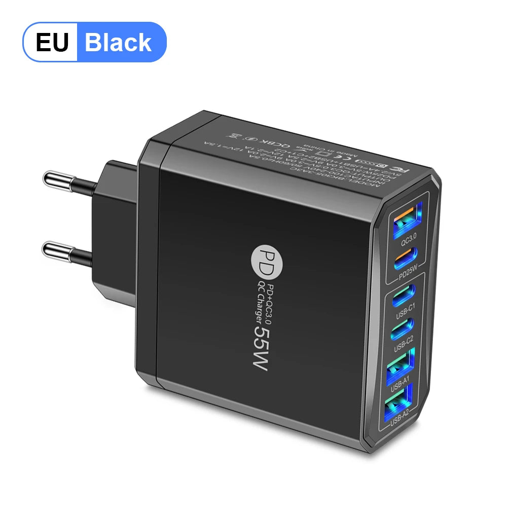 55W 3 USB 3 PD Charger Fast Charging QC3.0 Travel Charger For iPhone 15 14 Samsung Xiaomi Mobile Phone Adapter EU KR US UK Plug Car Mobile World
