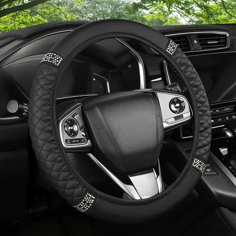 1PC Car steering wheel cover PU leather handle cover, no inner ring, fashionable diamond inlaid handle cover CM World