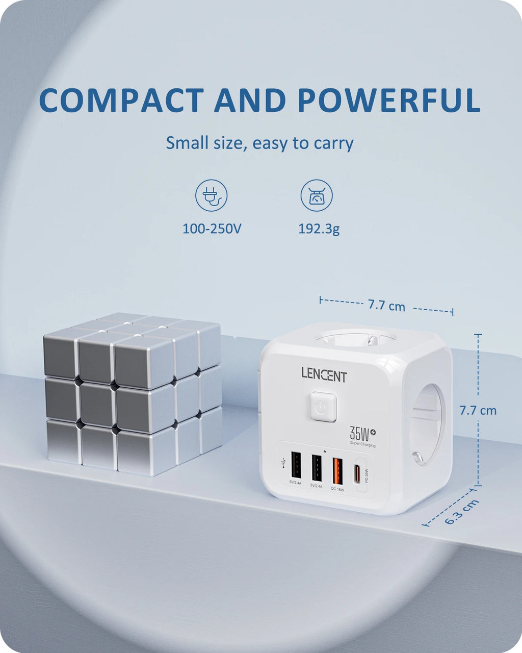 LENCENT EU Plug Power Strip Wall Socket with 3 AC+3 USB QC 18W +1 Type C PD 35W Fast Charger Adapter 7-in-1 Socket On/Off Switch Car Mobile World