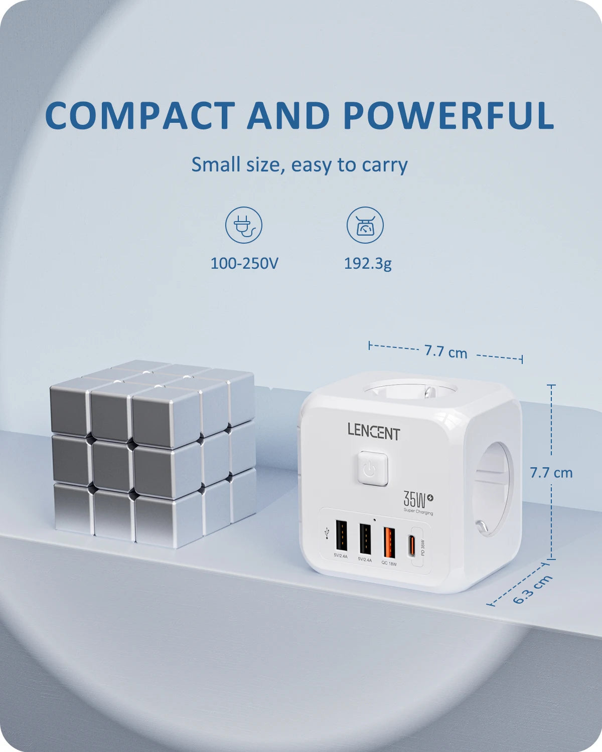 LENCENT EU Plug Power Strip Wall Socket with 3 AC+3 USB QC 18W +1 Type C PD 35W Fast Charger Adapter 7-in-1 Socket On/Off Switch Car Mobile World