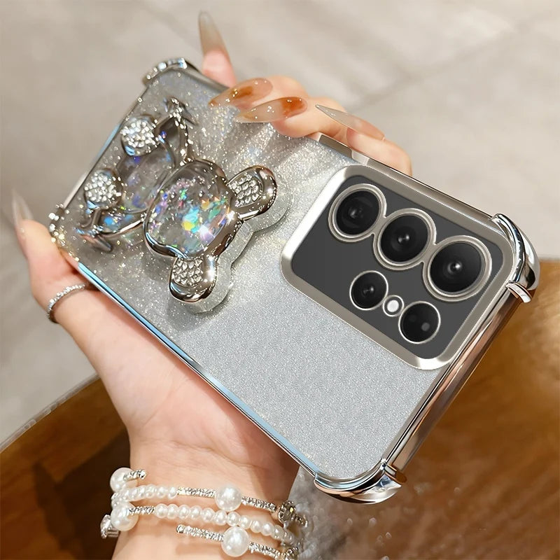 S26 Shockproof Holder Case for Samsung Galaxy S25 Ultra S22 S21 S24 FE S23 Plus Glitter Bear Bracket Stand Luxury Plating Cover
