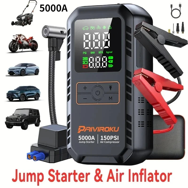 5000A Car Battery Jump Starter with Air Compressor 150PSI Air Pump 12V Auto Battery Booster Power Bank Portable Tire Inflator
