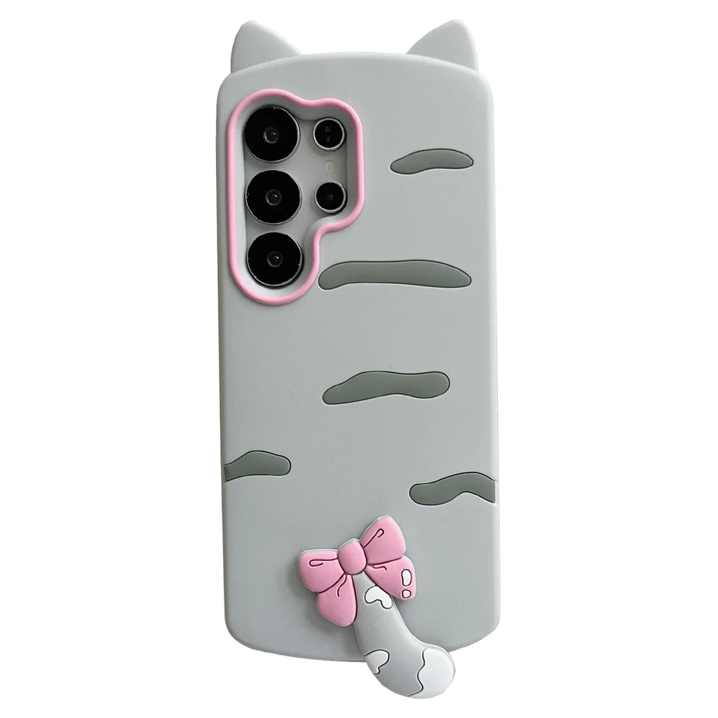 Kawaii 3D Cat Ears Tail Silicone Phone Case for Samsung Galaxy S23 S24 S25 S26 Ultra FE A56 A55 A36 A35 A26 A17 A16 A24 A25 A26