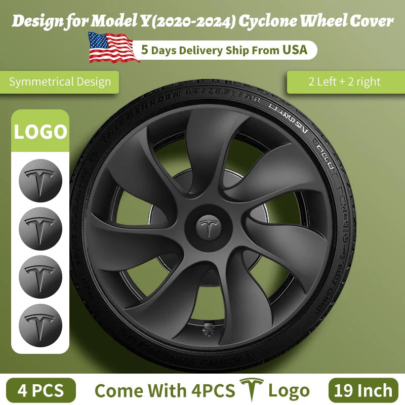 4PCS Wheel Cover For Tesla Model Y 2020-2024 19 Inch Right＆Left Hubcaps Cyclone Style Wheel Cover Replacement Accessories CM World