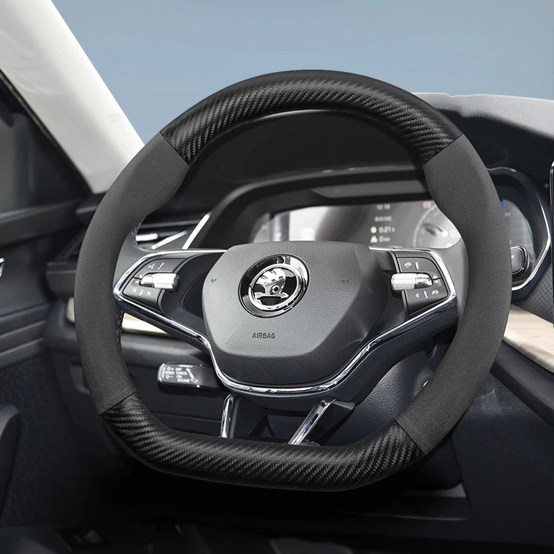 Suitable for Skoda Suede Matte Carbon Fiber Texture Steering Wheel Cover Suitable for Octavia 2 3 A7 1 Superb Roomster A5 Rapid Karoq Yeti Spaceback Fabia Monte Carlo Mk3 Accessories CM World