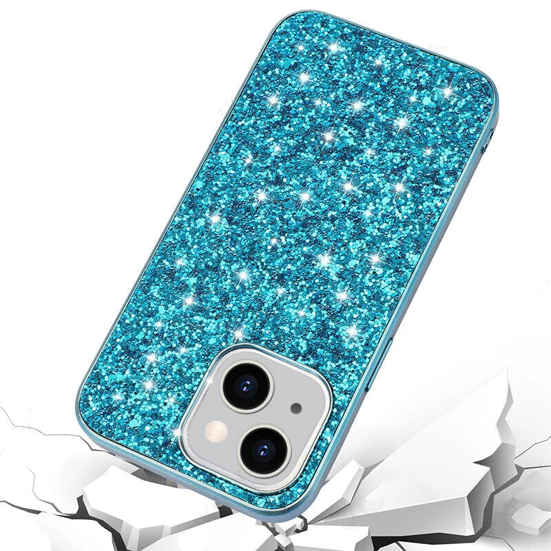 Shining Glitter Bling Sequins Case For iPhone 14 13 12 11 15 16 Pro Max Mini XS XR 7 8 Plus Plating Frame Shockproof Phone Cover