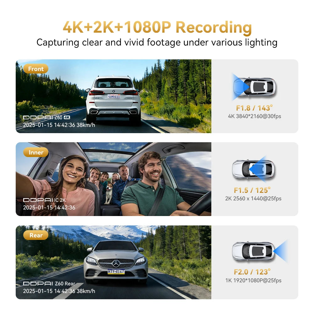DDPAI Z60T Dash Cam 3-Channel HDR 4K+2K+1080P Front Rear Interior Night Vision 24H Parking Monitoring ADAS Dash Camera Car DVR