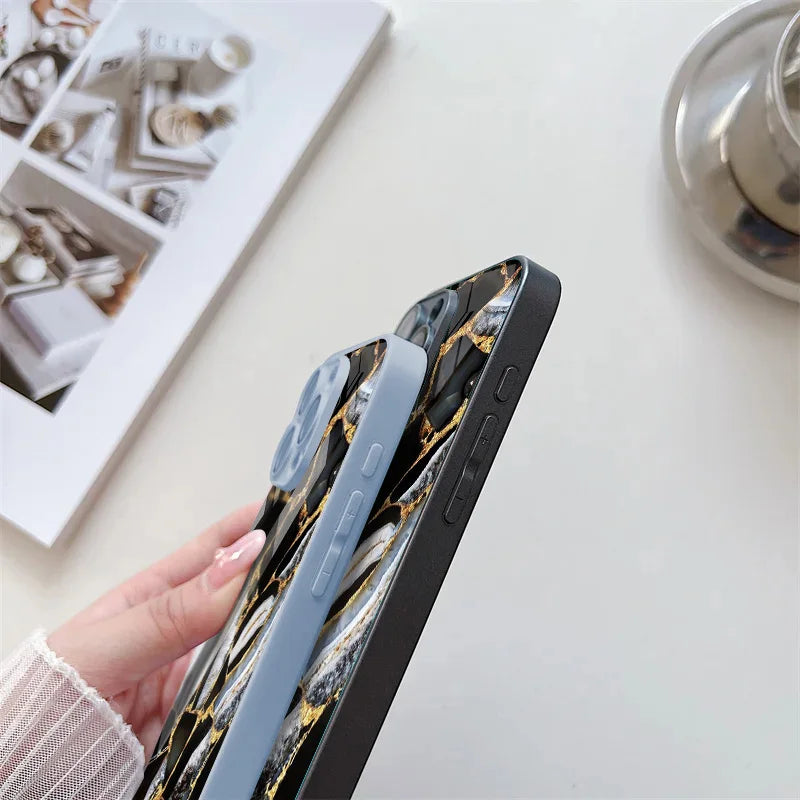 Marble Stone Tempered Glass Case For iPhone 11 Funda iPhone 16 17 16E 13 14 15 Pro Max 12 7 8 Plus SE 16promax 13promax Cover