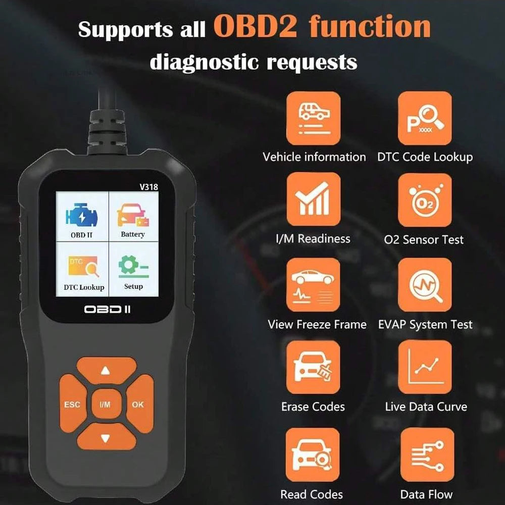 V318 OBD2 Scanner Color Screen Diagnostic Tool Multilingual Engine Fault Code Reader Battery Tester Full-Function Diagnostic Car Mobile World