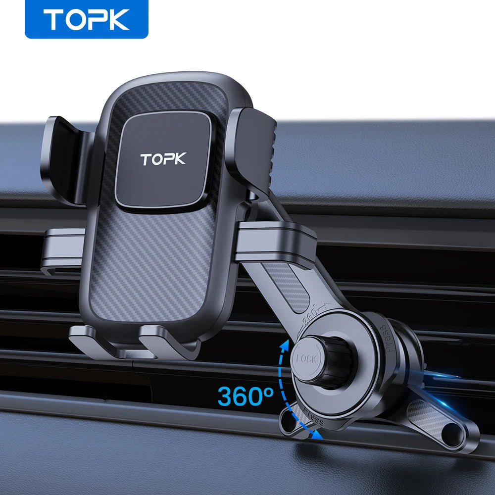 TOPK Air Vent Phone Holder for Car Extended Metal Hook Gravity Mount 360 Rotating Cell Phone Support for iPhone Samsung Xiaomi
