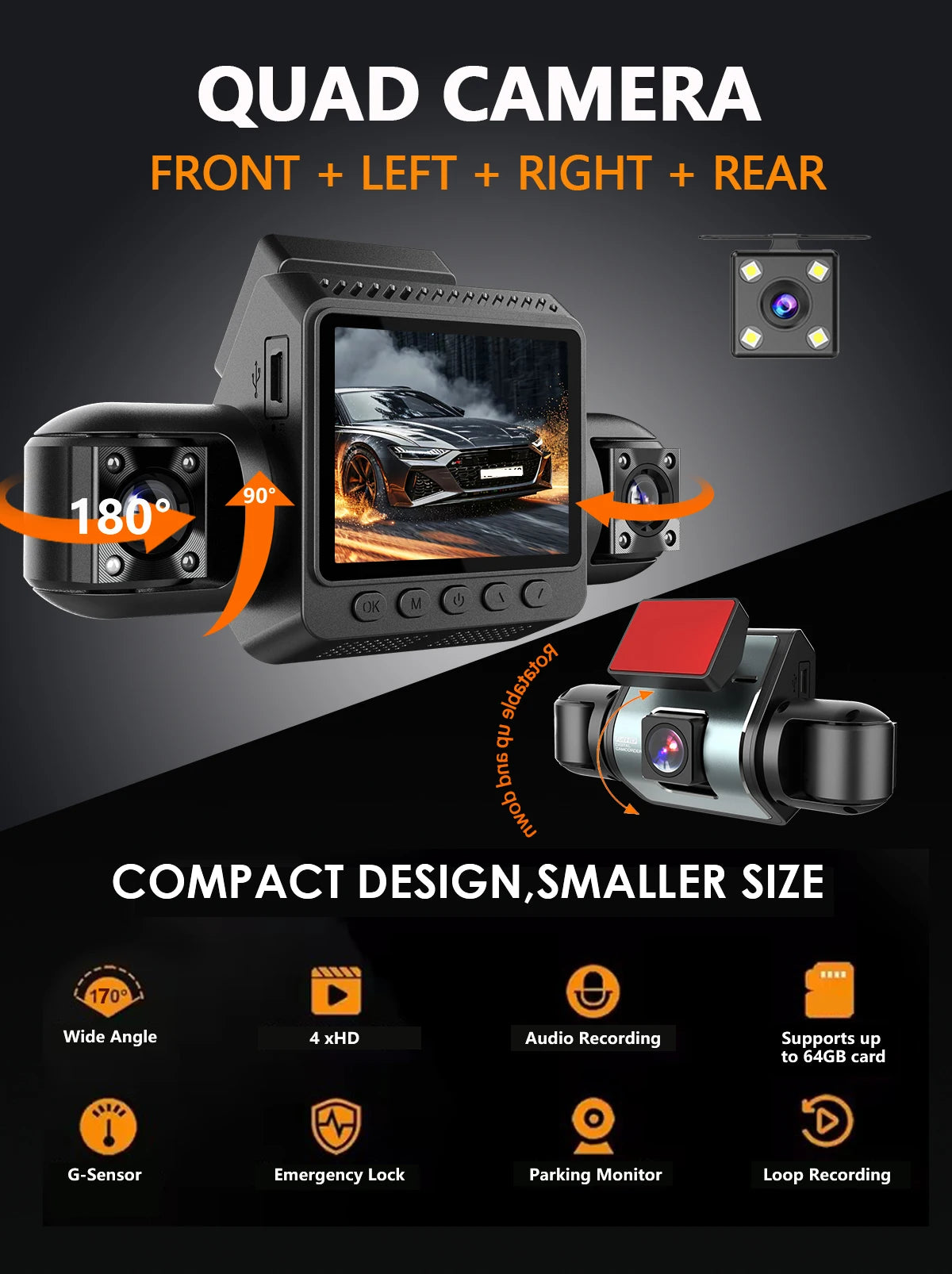 4-Channel Car Dash Cam1080P Front And 720P Other Channels, Night Vision, Loop Recording, G-Sensor, Parking Monitor