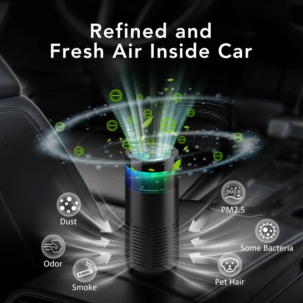 Mini Car Air Purifier Negative Ion Ionizer Odor Eliminator for Smoke Pet Smell Aroma Ambient Light Air Freshener Car Mobile World