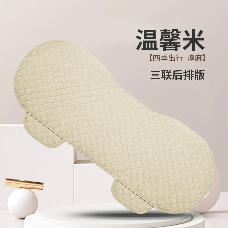 Universal Car Seat Cushion with Backrest Beige Linen Diamond Quilted Four Seasons Breathable Non-slip Auto Seat Cover Protector