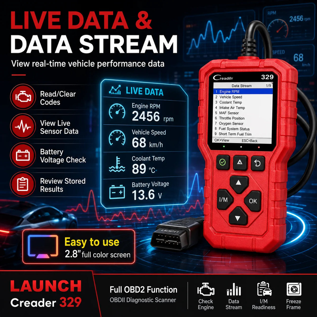 LAUNCH Creader 329 OBD2 Fault Scanner Auto Diagnostic Tool Check Engine Light Code Reader with Battery Test Live Data O2 Sensor EVAP for 1996+ OBDII Cars
