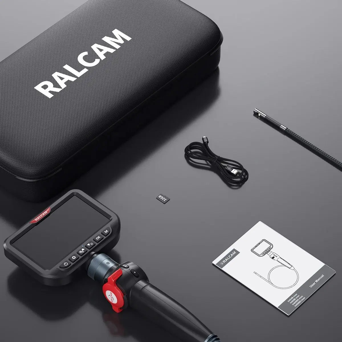 Ralcam 360° Two-Way Articulating Borescope, 5 Inch Screen Endoscope Inspection Dual Camera with 6+1 LEDs, 32G Card