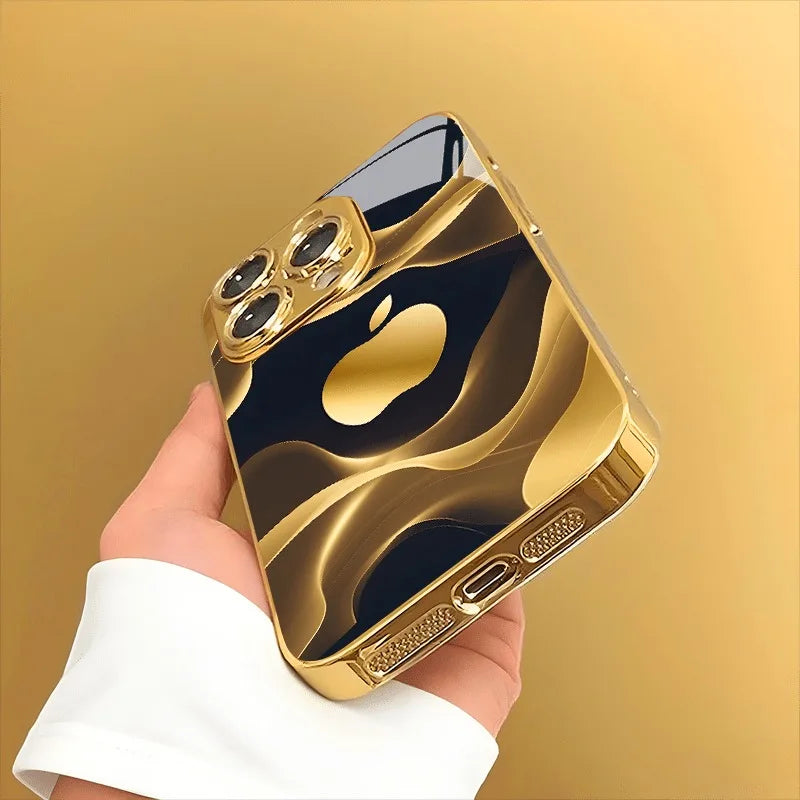 Gilded Fluid For Apple Pattern Gold Metallic Paint Glass Phone Case For iPhone 11 12 13 14 15 16 17 Pro Max Plus 17Air 16E Cover