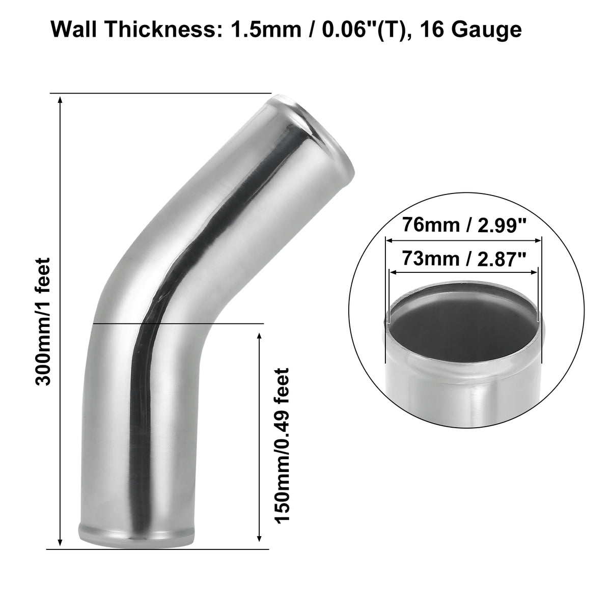 UXCELL 45 Degree Intercooler Pipe 63mm 70mm 76mm OD 300mm 500mm Long Aluminum Alloy Tube Intercooler Pipe Air Intake Tube