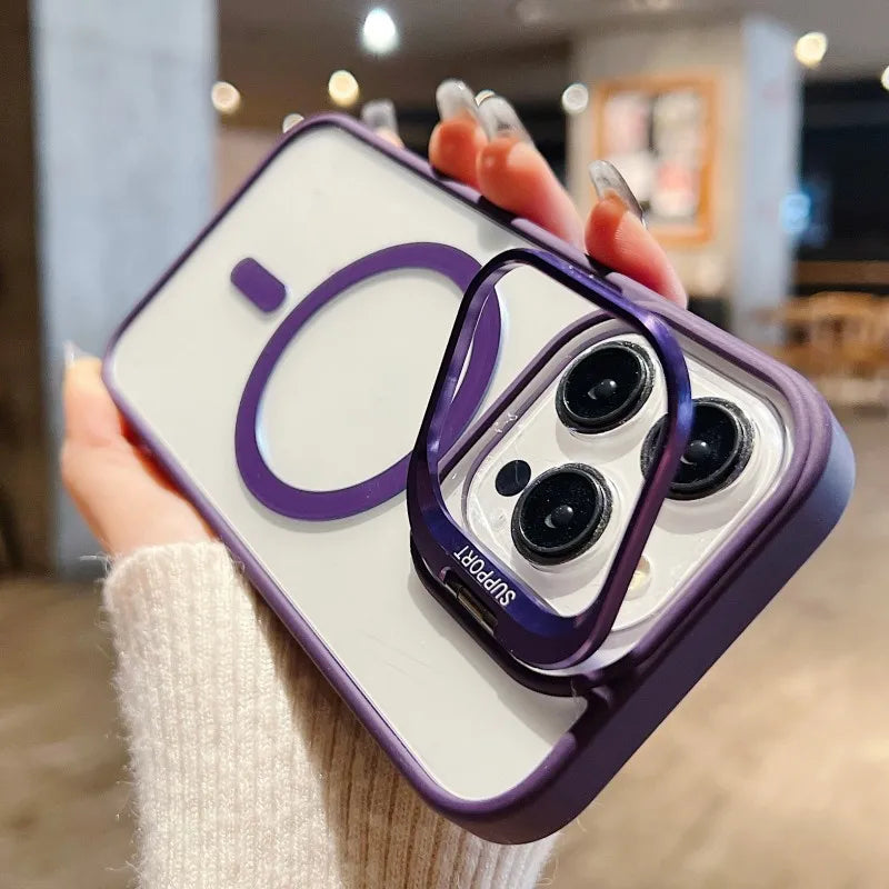For Magsafe Stand Glass Lens Protector Case For iPhone17 16 15 14 13 11 12 Pro Max 16 Plus Luxury Magnetic Shockproof Back Cover Car Mobile World