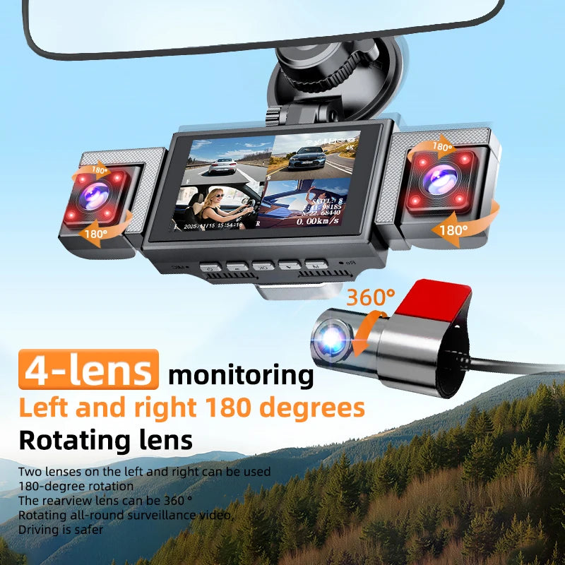 4K 360° 4-Channel Dash Cam with 5.8GHz WiFi & GPS | 4K Front+1080P Left/Right/Rear, 3" IPS Screen, Night Vision, Loop Recording Car Mobile World