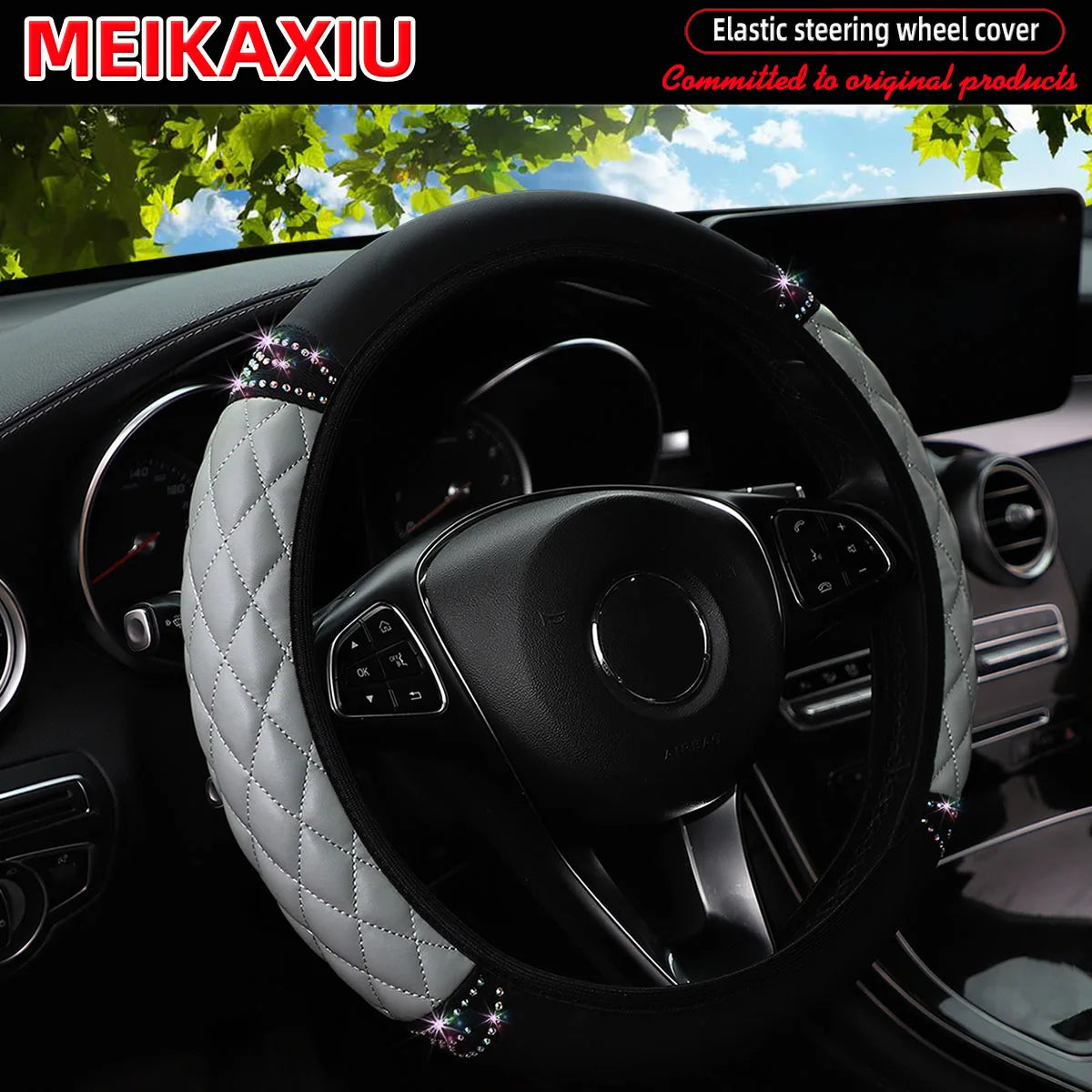 PU soft leather diamond-shaped pattern embroidered with diamonds and glittering car without inner ring steering wheel cover CM World