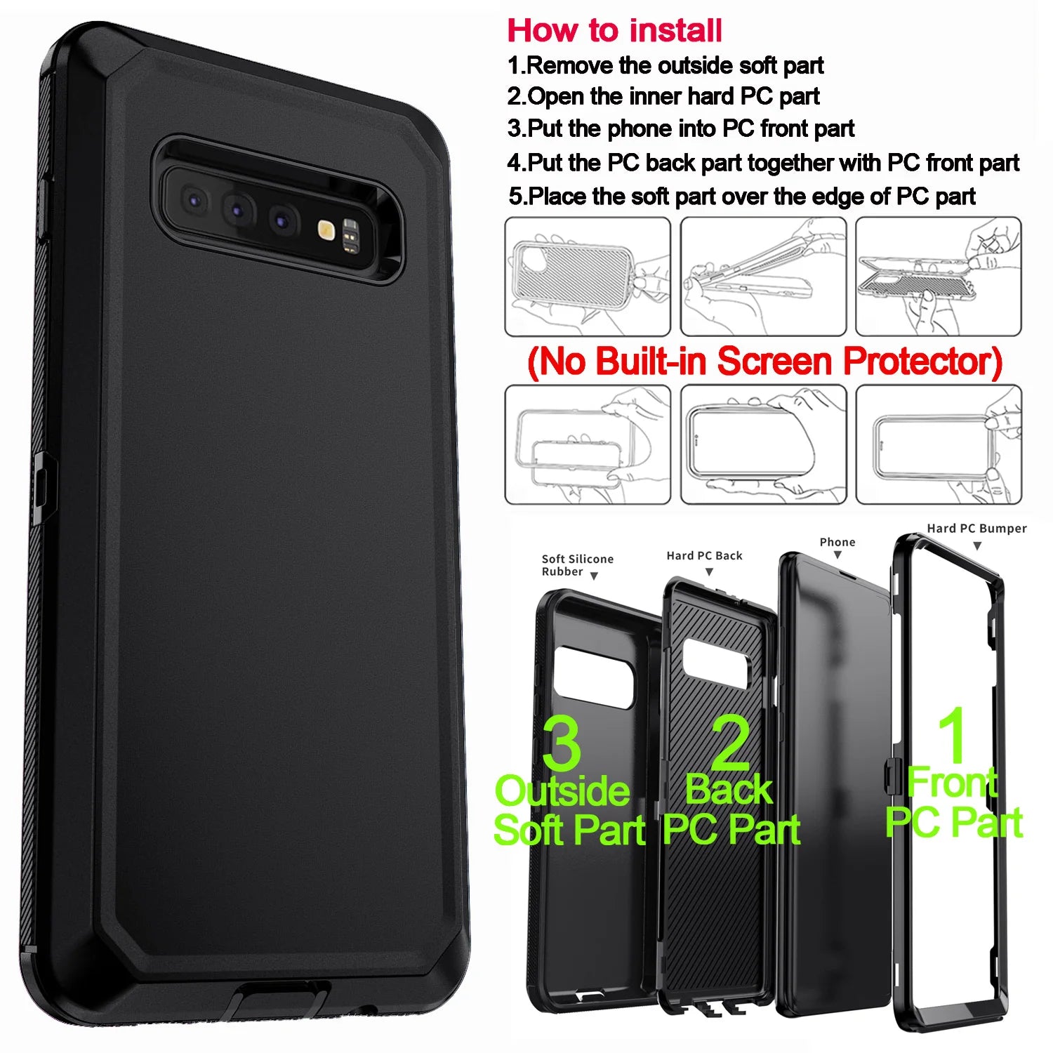 Black For Samsung Galaxy S10+ Plus S10 S10E Case Heavy Duty Shockproof Hard Protective Rugged Hybrid 3in1 Layers Phone Cover Car Mobile World