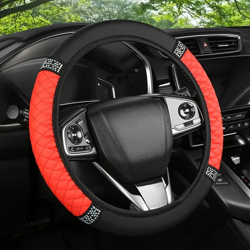 1PC Car steering wheel cover PU leather handle cover, no inner ring, fashionable diamond inlaid handle cover CM World
