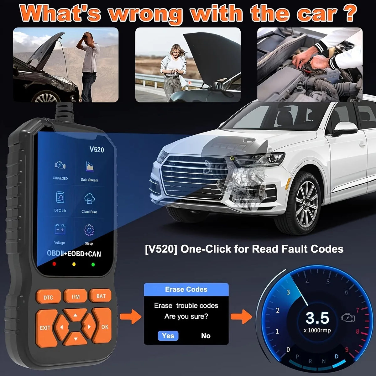 V520 Professional OBD2 Scanner Auto Check Engine Diagnostic Tool for Cars Check Engine Light Code Reader Scanner