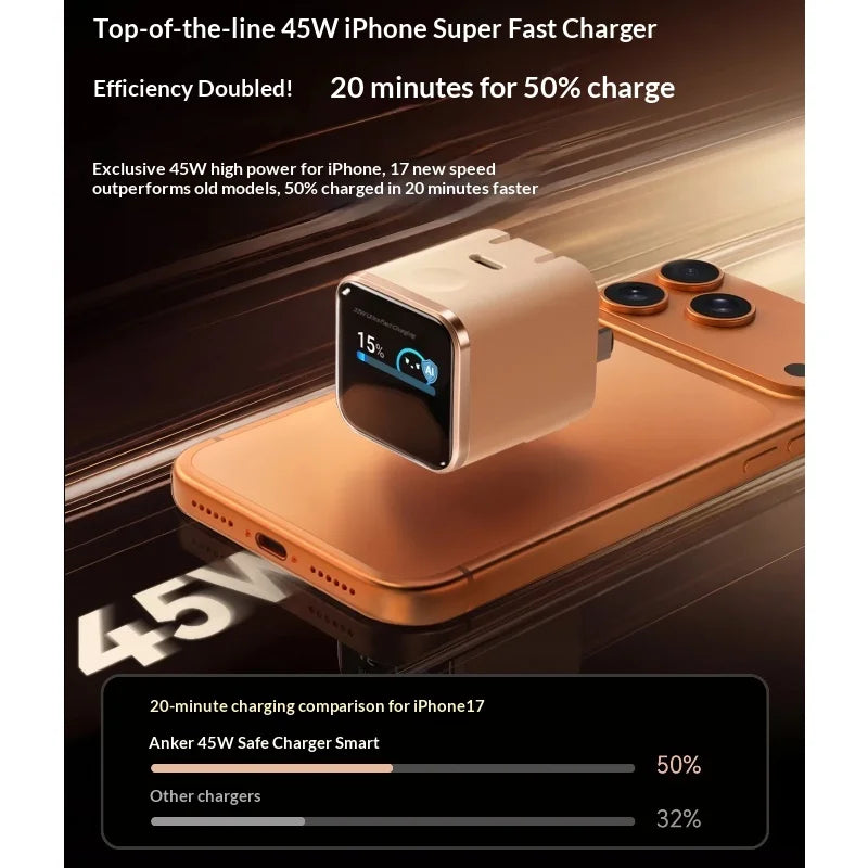 Anker 45w Gan Fast Charger With Digital Display High-Speed Power Adapter Supporting Quick Charging For Multiple Devices