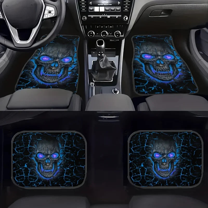 Cool Skull Design 4pcs Car Floor Mat Set - Non-Slip, Absorbent Polyester Mats for Fit - Stylish Auto Interior Accessories