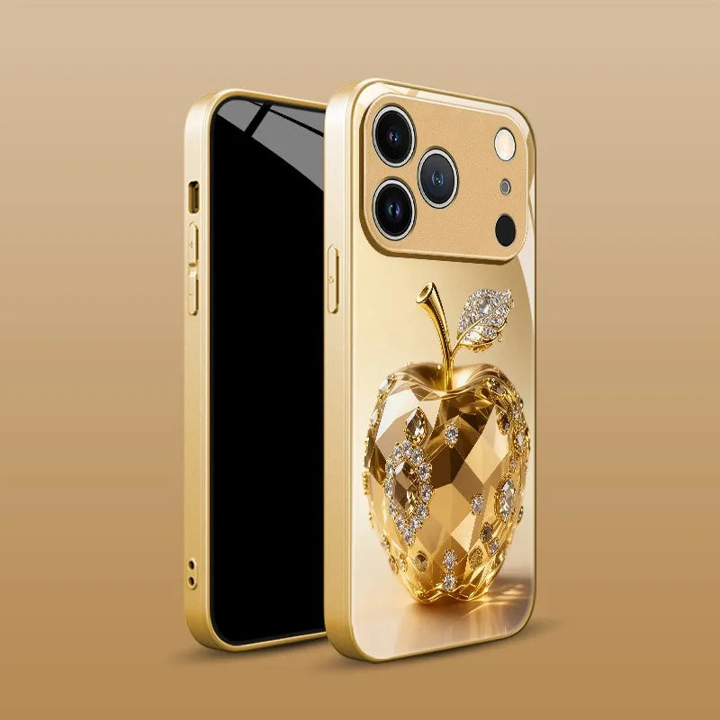 Luxury Jewel For Apple Pattern Gold Metallic Paint Glass Phone Case For iPhone 17 16 15 14 13 12 11 Pro Max Plus 17Air 16E Cover