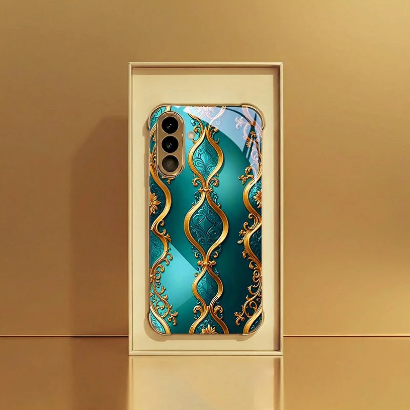 Green gold stripe Tempered Glass Fashion phone case for Samsung Galaxy S26/S25/S24/S23/S22/S21 FE Ultra Plus Dropresistant